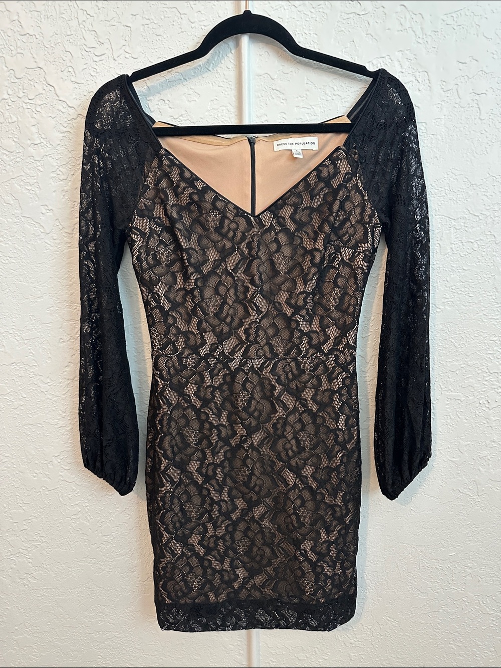Dress the Population Black Lace Long Sleeve Dress with Nude Lining Size S